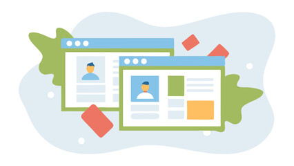 two webpage windows displaying user profiles with abstract shapes in a light background design