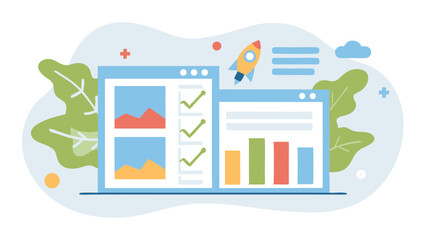 Fototapete - Illustration of two computer screens with charts, rocket, and leaf design elements present clearly