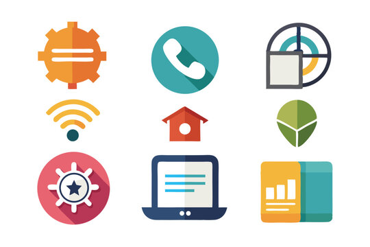 Collection of colorful flat design icons for business technology communication and data analysis