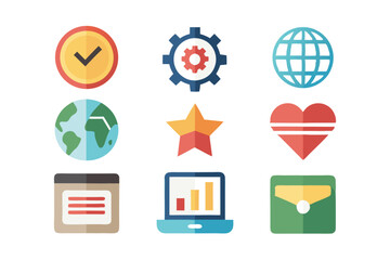 Poster - Collection of flat vector icons representing time, settings, globe, earth, star, and other symbols.