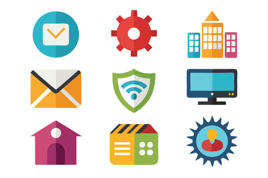 Collection of flat vector icons illustrating concepts like communication technology and network security
