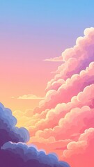 Poster - Soft, fluffy clouds drift across a purple pink and pastel sky, creating a dreamy and ethereal atmosphere
