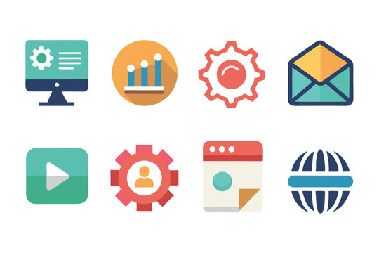 Colorful flat design icons representing business strategy technology communication and settings