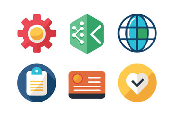 Poster - Colorful flat icon set depicting settings, network, global, document, information, and trust.