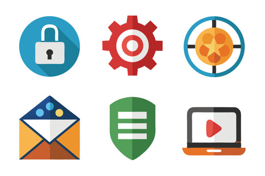 Colorful flat design icons representing security settings email video and website elements