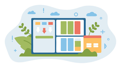 Poster - Illustration of a data processing interface with arrows and color coded sections on a light background