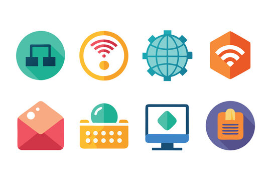 Colorful flat style icons illustrating various aspects of technology and connectivity