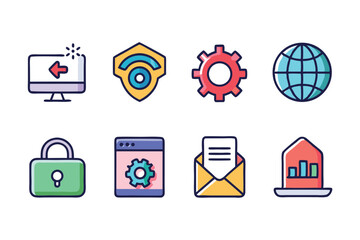 Poster - Colorful set of web icons illustrating technology internet security and business elements
