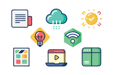 Poster - Colorful vector illustration of digital icons representing cloud, ideas, and technology.
