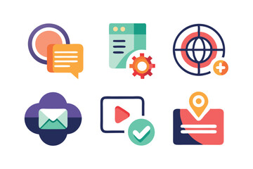 Poster - Flat style illustrated icon set demonstrating communication settings global location and more