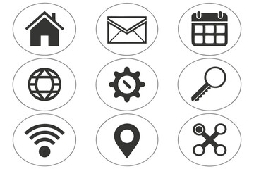 Poster - Modern set of simple black and white icons representing essential web and mobile functions