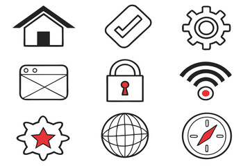 Leinwandbilder - Set of hand drawn black and red icons representing essential web and internet elements