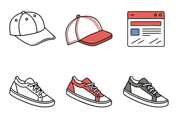 Poster - Simple illustrated caps sneakers and website elements in red white and gray color tones
