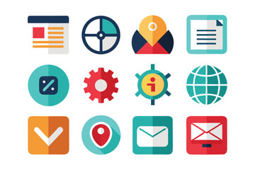 Poster - Twelve colorful flat icons representing web application, communication, and information services