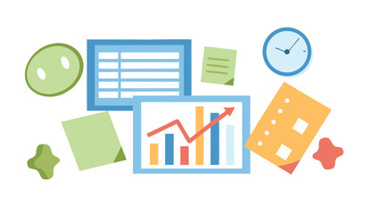 Aufkleber - Illustration of a spreadsheet, graph with arrow, clock, and sticky notes on a white background