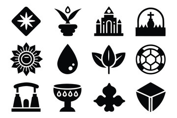 Poster - Collection of black iconographic elements featuring nature architecture and symbolic design