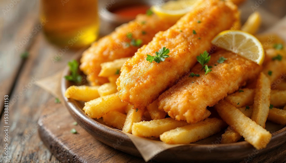 Golden fish and chips with tartar, lemon, and malt vinegar on white