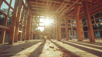 Poster - Wooden frame of a residential building under construction. stock photo --ar 16:9 --raw --v 6 Job ID: 0b4cfe2f-8c94-4853-bf1f-6dbd68805fc7