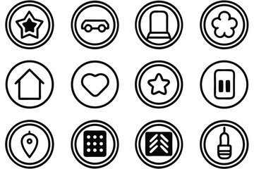 Poster - Black and white circular icons representing various symbols and objects for design