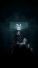 Poster - A glowing digital interface with a start button touched by a fingertip