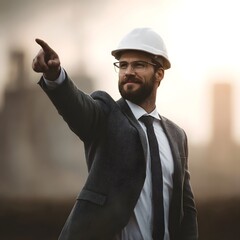 Aufkleber - Confident business leader in hardhat points towards industrial site