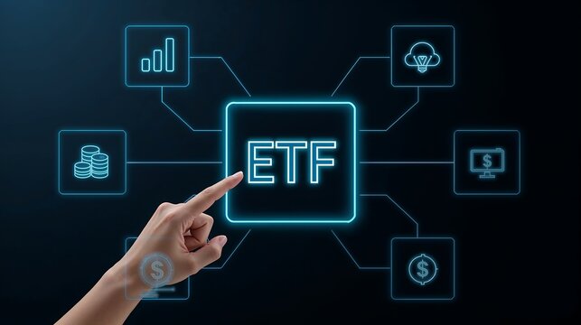 Hand Interacting with Futuristic E T F Interface Blue Neon Digital Illustration finger pointing