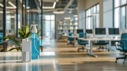 Poster - Office with hand sanitizer and health safety signs stock photo --ar 16:9 --raw --v 6 Job ID: 9c28ec97-5c6b-4e7a-915b-1675d23c4c80