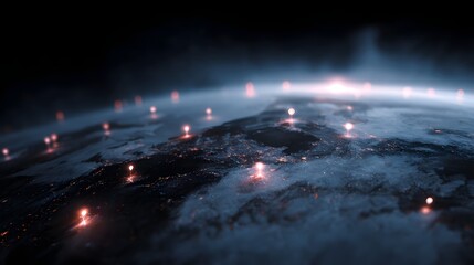Poster - A symbolic globe interface showing international factory sites with glowing markers