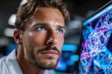 Poster - Researcher analyzing advanced genetic data in a modern laboratory environment