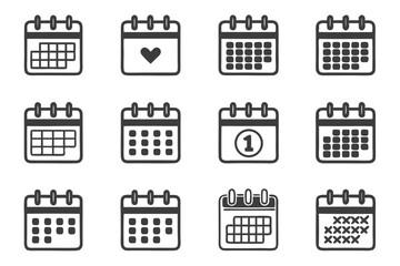 Poster - Collection of simple black and white calendar icons suitable for time and event management