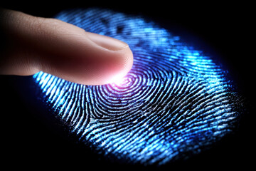 Poster - Finger touches a digital fingerprint scanner in a dark setting demonstrating biometric security