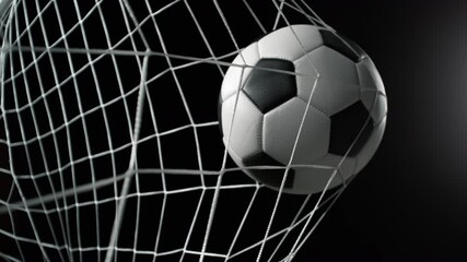 Super Slow Motion Soccer Ball Hitting Goal Net on Black Background, 1000fps.