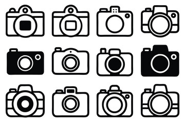 Poster - Collection of minimalist vector camera icons in black and white isolated on white background