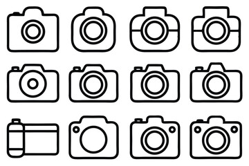Poster - Collection of simple outlined camera icons in black color perfect for photography concepts