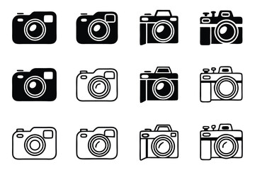 Poster - Collection of vectorized digital camera icons in black and white isolated on white background