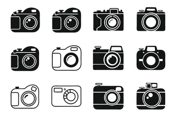 Poster - Collection of black and white camera icons representing photography and digital imaging