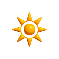 Poster - Bright Sunny 3D Sun Icon with Circular Center and Sharp Rays, Isolated on White. Happy Childish Logo for Vacation, Solar Energy or Warm Climate Concepts. Vector Illustration.