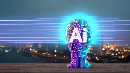 Poster - A digital human head made from a circuit board stands on a wooden surface against a city background at night. The word 