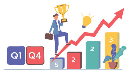 Poster - Man climbing chart with trophy representing business success and quarterly growth illustration