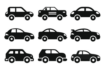 Poster - Collection of minimalist black and white car icons representing various vehicle styles and types