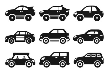 Poster - Collection of simple black car icons representing various vehicle styles and designs