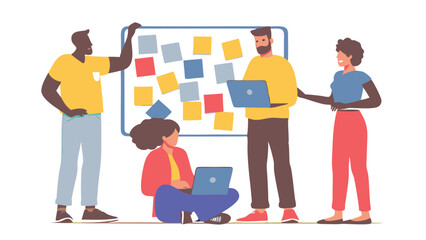 Poster - Team collaboration with sticky notes and laptops brainstorming together in a meeting room setting