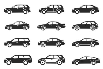Poster - Set of black vehicle silhouettes displaying different car body styles on white background