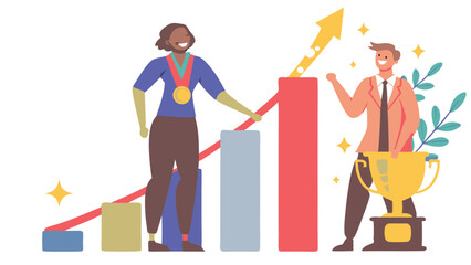 Poster - Illustration of two people celebrating success with a trophy, chart, and upward trending arrow