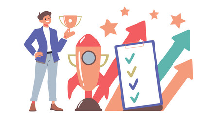 Leinwandbilder - Illustration of a man with trophy, rocket, checklist, and upward arrows symbolizing success and growth