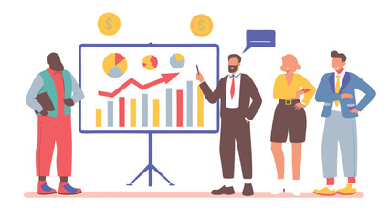 Poster - Business presentation with diverse team showing chart and graph on a presentation board in the office