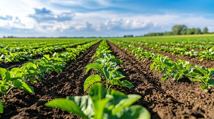 Wall Mural - a panoramic sugar beet field under flat overcast light, mature leafy tops spread across tilled dark soil, rich color difference adds realism, background horizon with subtle tree line, wide composition