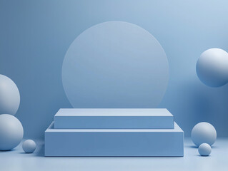 Poster - Geometric Product Display Platform in Light Blue with Circle and Spheres