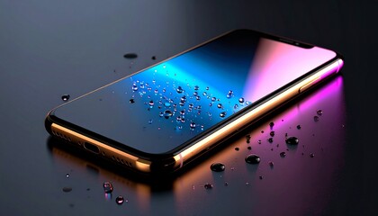 Close-up of a Smartphone with a gold body frame, against a dark background with water droplets.