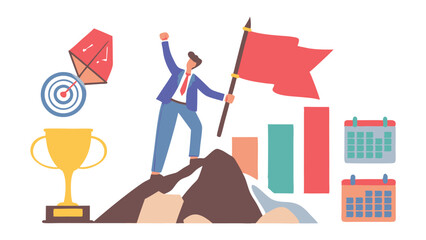 Poster - Illustration of a businessman on a mountain top with a flag, trophy, target and calendars around him